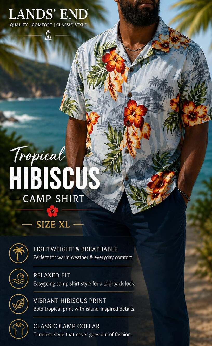 Lands’ End Men’s XL Tropical Hibiscus Hawaiian Camp Shirt Blue Floral